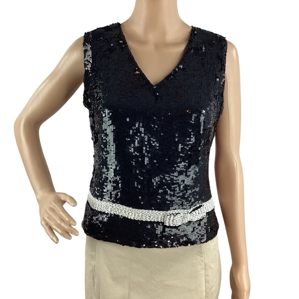 Lawrence Kazar Vintage Silk Sequin Beaded Top Size PS Black Bow